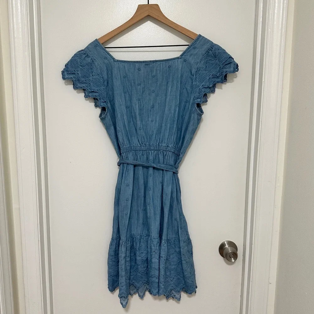 OLD NAVY | Blue Denim Chambray Embroidered Cutwork Eyelet Peasant Mini Dress, L - Picture 4 of 10